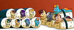 Size: 4008x1652 | Tagged: safe, artist:exobass, oc, oc:azure star (fauli1221), bat pony, hippogriff, hybrid, pegabat, pegasus, pony, commission, food, ponies in food, sushi, your character here