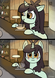 Size: 1406x1981 | Tagged: safe, artist:colochenni, sprout greenhoof, pony, unicorn, g4, :3, bar, cup, drawthread, drinking, drinking straw, las pegasus resident, looking at you, meme, ponified meme, solo, table