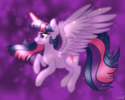 Size: 2000x1600 | Tagged: safe, artist:lostsheep, twilight sparkle, alicorn, pony, g4, female, flying, glowing, glowing horn, horn, magic, mare, solo, sparkles, stars, twilight sparkle (alicorn), wings