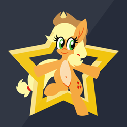Size: 1200x1200 | Tagged: safe, artist:tridashie, applejack, earth pony, pony, g4, advertisement, advertisement in description, belly button, bipedal, eye clipping through hair, female, full body, looking at you, mare, pale belly, redbubble, simple background, smiling, smiling at you, solo, stars, teepublic