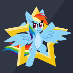 Size: 1200x1200 | Tagged: safe, artist:tridashie, rainbow dash, pegasus, pony, g4, advertisement, advertisement in description, belly button, bipedal, eye clipping through hair, female, full body, looking at you, mare, pale belly, redbubble, simple background, smiling, smiling at you, solo, stars, teepublic