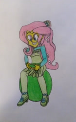 Size: 1280x2048 | Tagged: safe, artist:ewie2002, fluttershy, human, g4, clothes, dress, humanized, solo, space hopper, traditional art