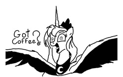 Size: 640x400 | Tagged: safe, artist:brongaar, princess luna, alicorn, pony, g4, black and white, female, grayscale, hypercaffinated, jewelry, luna found the coffee, mare, monochrome, open mouth, open smile, peytral, shrunken pupils, simple background, smiling, solo, spread wings, style emulation, tiara, white background, wings
