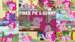 Size: 1280x722 | Tagged: safe, editor:quoterific, gummy, pinkie pie, castle mane-ia, feeling pinkie keen, g4, just for sidekicks, not asking for trouble, party of one, party pooped, secrets and pies, the lost treasure of griffonstone, the one where pinkie pie knows, bag, collage, saddle bag