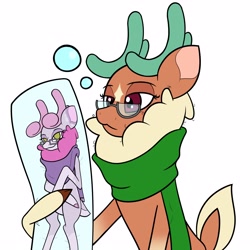 Size: 3000x3000 | Tagged: safe, artist:mrneo, cashmere (tfh), oc, oc:mohair, deer, reindeer, them's fightin' herds, antlers, body pillow, clothes, community related, glasses, high res, scarf, simple background, sleepy, solo, white background