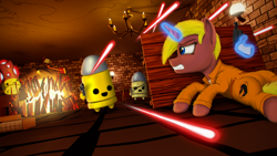 Size: 4000x2250 | Tagged: safe, artist:enteryourponyname, pony, unicorn, 3d, angry, barrel, blast, blender, blonde, book, bullet kin, candle, chains, chandelier, clothes, convict, dungeon, enter the gungeon, eyepatch, gritted teeth, gun, handgun, lamp, lying down, magic, on back, pistol, ponified, prison outfit, red shotgun kin, revolver, shooting, table, teeth, veteran bullet kin, weapon