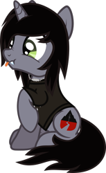 Size: 713x1162 | Tagged: safe, artist:lightningbolt, derpibooru exclusive, pony, unicorn, g4, .svg available, clothes, derp, disguise, disguised siren, fangs, horn, jewelry, kellin quinn, male, necklace, raised hoof, scrunchy face, shirt, show accurate, simple background, sitting, sleeping with sirens, slit pupils, solo, stallion, svg, t-shirt, tongue out, transparent background, vector