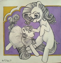 Size: 1345x1398 | Tagged: safe, artist:krista-21, rarity, sweetie belle, pony, unicorn, g4, bipedal, clothes, cute, dress, duo, female, filly, foal, glasses, looking at each other, looking at someone, mare, midair, pencil drawing, rarity's glasses, siblings, signature, sisters, smiling, smiling at each other, traditional art