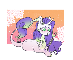 Size: 1376x1140 | Tagged: safe, artist:void-sommar, oc, oc only, dracony, hybrid, pony, unicorn, blushing, dracony oc, female, flower, food, heart, heart eyes, hoof hold, horns, interspecies offspring, licking, licking lips, lying down, mare, marshmallow, offspring, parent:rarity, parent:spike, parents:sparity, passepartout, prone, roasted marshmallow, solo, tongue out, wingding eyes