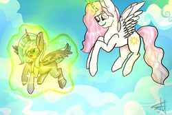 Size: 1280x853 | Tagged: safe, artist:deadsmoke, derpibooru exclusive, princess celestia, princess luna, alicorn, pony, g4, alicorns, children, cute, duo, duo female, female, filly, foal, happy, magic, royal sisters, royals, siblings, sisters, sky, wings, young celestia, young luna, younger
