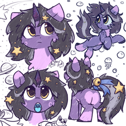 Size: 2000x2000 | Tagged: safe, artist:rivibaes, oc, oc:rivibaes, pony, unicorn, bell, bubble, ethereal mane, female, filly, foal, heart, heart butt, heart mark, high res, horn, jewelry, open mouth, plushie, simple background, starry mane, stars, tail, tail wrap, unicorn oc, white background