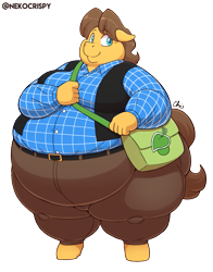 Size: 825x1050 | Tagged: safe, artist:nekocrispy, caramel, earth pony, anthro, unguligrade anthro, g4, bag, belt, bhm, carafat, clothes, fat, fupa, male, morbidly obese, obese, pants, shirt, simple background, smiling, solo, standing, transparent background