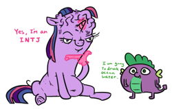 Size: 643x408 | Tagged: safe, artist:jargon scott, spike, twilight sparkle, dragon, pony, unicorn, g4, belly button, big brain, dialogue, duo, emoji, female, hand, hand on chin, lidded eyes, magic, magic hands, male, mare, myers-briggs, sitting, smiling, spike ball, thinking, underhoof, unicorn twilight, vein bulge, 🤔