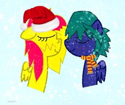 Size: 554x465 | Tagged: safe, artist:deadsmoke, derpibooru exclusive, oc, oc only, pegasus, pony, christmas, clothes, duo, eyes closed, hat, holiday, love, new year, pegasus oc, santa hat, scarf, snow, snowfall, striped scarf, winter