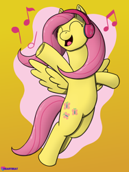 Size: 1500x1995 | Tagged: safe, artist:passionpanther, fluttershy, pegasus, pony, series:ponies with headphones, g4, eyes closed, flying, happy, headphones, music, music notes, open mouth, open smile, singing, smiling, solo, spread wings, wings