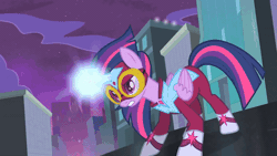 Size: 600x338 | Tagged: safe, screencap, the unconditioner, twilight sparkle, alicorn, earth pony, pony, g4, power ponies (episode), animated, animated screencap, beam, female, gif, glasses, henchmen, male, mare, masked matter-horn costume, power ponies, snow, snowball, stallion, twilight sparkle (alicorn)
