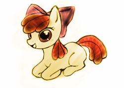 Size: 600x424 | Tagged: safe, artist:aruurara, apple bloom, earth pony, pony, g4, female, filly, foal, lying down, prone, simple background, solo, white background