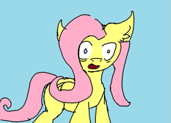 Size: 689x496 | Tagged: safe, artist:foxtrnal, fluttershy, pegasus, pony, g4, blue background, cyan background, female, mare, meme, ms paint, pink hair, redraw, shocked, shocked expression, simple background, solo, sonic the hedgehog (series), tails gets trolled