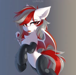 Size: 3366x3294 | Tagged: safe, artist:lunylin, oc, oc only, bat pony, cyborg, pony, amputee, bat pony oc, chest fluff, cyber legs, fangs, gradient background, high res, open mouth, prosthetic limb, prosthetics, simple background, spread wings, wings