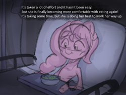 Size: 948x719 | Tagged: safe, anonymous artist, sunny starscout, earth pony, pony, series:anorexic sunny, g5, anorexia, bed, bracelet, braid, braided ponytail, eating, female, food, grapes, herbivore, hospital, hospital bed, iv drip, jewelry, mare, offscreen character, ponytail, recovery, skinny, smiling, thin