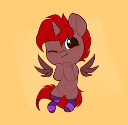 Size: 1054x1039 | Tagged: safe, artist:rexyseven, oc, oc only, oc:hardy, alicorn, pony, alicorn oc, chibi, clothes, horn, male, one eye closed, socks, solo, stallion, striped socks, wings