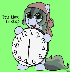 Size: 1702x1728 | Tagged: safe, artist:hardrock, oc, oc only, oc:dusty soil, earth pony, pony, clock, earth pony oc, female, filthy frank, green background, it's time to stop, looking at you, mare, meme, oda 997, simple background, solo