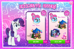 Size: 1966x1297 | Tagged: safe, gameloft, blue bobbin, rarity, pony, unicorn, g4, my little pony: magic princess, advertisement, balloon, bush, clothes, costs real money, english, female, gem, glasses, hair bun, horn, mannequin, mare, mirror, mobile game, numbers, plushie, raised hoof, sale, shocked, shocked expression, surprised, text