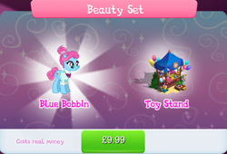 Size: 1266x860 | Tagged: safe, gameloft, blue bobbin, pony, unicorn, g4, my little pony: magic princess, balloon, bundle, bush, clothes, costs real money, english, female, glasses, hair bun, horn, mare, mobile game, numbers, plushie, sale, text