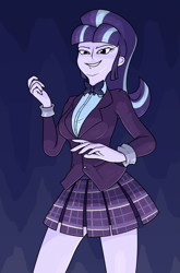 Size: 1503x2284 | Tagged: safe, artist:moonatik, starlight glimmer, human, equestria girls, g4, abstract background, bowtie, clothes, crystal prep academy uniform, cuffs (clothes), eyeshadow, legs, limited palette, makeup, s5 starlight, school uniform, shirt, skirt, solo