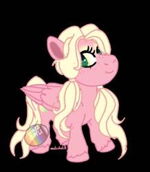 Size: 629x722 | Tagged: safe, artist:nayladoodles, oc, oc only, oc:jubilee, pegasus, pony, base used, black background, chibi, female, folded wings, green eyes, mare, offspring, parent:big macintosh, parent:fluttershy, parents:fluttermac, pegasus oc, pink coat, signature, simple background, smiling, traditional art, wings