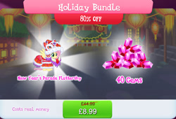 Size: 1262x860 | Tagged: safe, gameloft, fluttershy, pegasus, pony, g4, my little pony: magic princess, bundle, clothes, costs real money, costume, english, female, gem, lunar new year, mare, mobile game, numbers, sale, solo, spread wings, text, wings