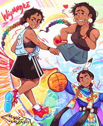 Size: 1675x2048 | Tagged: safe, artist:maplewozapi, rainbow dash, human, g4, alternate hairstyle, alternate name, apple, basketball, braid, clothes, food, humanized, indigenous, moderate dark skin, native american, piercing, shorts, sports