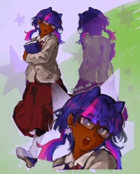 Size: 720x896 | Tagged: safe, artist:trina_tisk, twilight sparkle, human, g4, cat ears, clothes, dark skin, ear piercing, earring, glasses, humanized, jewelry, open mouth, piercing, skirt, walking