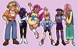 Size: 720x456 | Tagged: safe, artist:jibberjibbsart, applejack, fluttershy, pinkie pie, rainbow dash, rarity, twilight sparkle, human, g4, boots, clothes, converse, dark skin, dress, glasses, height difference, humanized, jumping, kneesocks, light skin, mane six, moderate dark skin, shoes, simple background, skirt, sneakers, socks, tan skin, vitiligo