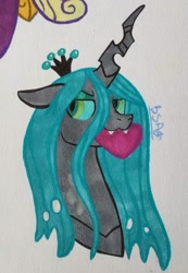Size: 1080x1560 | Tagged: safe, artist:chewy-tartz, queen chrysalis, changeling, changeling queen, g4, evil smile, grin, heart, smiling, solo, traditional art
