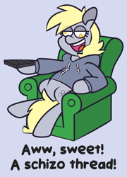 Size: 4512x6251 | Tagged: safe, artist:threetwotwo32232, derpy hooves, pegasus, pony, g4, clothes, couch, family guy, female, gray background, hoodie, male, mare, meme, parody, ponified meme, remote, simple background, solo