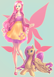 Size: 2140x3024 | Tagged: safe, artist:tatsuk0, fluttershy, human, pegasus, pony, g4, clothes, cutie mark background, dress, female, high res, human ponidox, humanized, jacket, jewelry, lying down, mare, necklace, open mouth, open smile, prone, self paradox, self ponidox, smiling