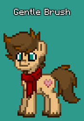 Size: 288x414 | Tagged: safe, oc, oc only, oc:gentle brush, earth pony, pony, pony town, brown mane, clothes, cutie mark, earth pony oc, facial hair, male, reference sheet, scarf, simple background, solo, teal background, teal eyes, unshorn fetlocks