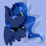 Size: 1000x1000 | Tagged: safe, artist:kathepart, princess luna, alicorn, pony, g4, blue background, clothes, collar, crown, jewelry, regalia, shoes, simple background, solo, spread wings, wings