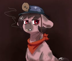 Size: 2543x2160 | Tagged: safe, artist:aliceg, oc, oc only, oc:number nine, earth pony, pony, bust, cigarette, dirty, earth pony oc, female, floppy ears, headlamp, helmet, high res, lidded eyes, mare, mining helmet, neckerchief, pit pony, scar, solo