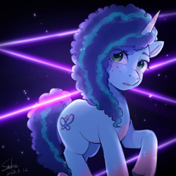 Size: 2048x2048 | Tagged: safe, artist:xiaowu07, derpibooru exclusive, misty brightdawn, pony, unicorn, g5, curly mane, dark background, dodge, female, freckles, glowing, high res, laser, looking at you, mare, raised hoof, solo