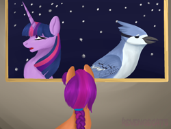 Size: 2048x1536 | Tagged: safe, artist:revenge.cats, sunny starscout, twilight sparkle, bird, blue jay, earth pony, pony, unicorn, g5, crack shipping, crossover, crossover shipping, female, male, mordecai, mordetwi, painting, regular show, shipping, straight, unicorn twilight