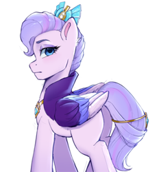 Size: 1922x2048 | Tagged: safe, artist:xiaowu07, queen haven, pegasus, pony, g5, butt, colored wings, crown, eyebrows, female, folded wings, frown, havenbutt, hips, jewelry, looking at you, looking back, looking back at you, mare, multicolored wings, plot, regalia, simple background, solo, three quarter view, white background, wings