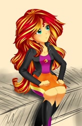 Size: 626x960 | Tagged: safe, artist:sweetpie, sunset shimmer, human, equestria girls, g4, boots, clothes, high heel boots, jacket, shirt, shoes, simple background, skirt, solo, vest