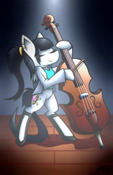 Size: 1920x2967 | Tagged: safe, artist:eldrick, oc, oc only, oc:maddie, pegasus, pony, bipedal, bow (instrument), cello, clothes, ear piercing, eyes closed, female, folded wings, jacket, mare, musical instrument, pegasus oc, piercing, playing instrument, ponytail, redraw, shirt, smiling, solo, wings, yin-yang