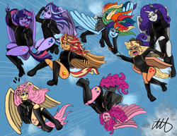 Size: 1017x786 | Tagged: safe, artist:artsyaccountant, applejack, fluttershy, pinkie pie, rainbow dash, rarity, sci-twi, starlight glimmer, sunset shimmer, twilight sparkle, alicorn, human, anthro, equestria girls, g4, alicorn humanization, alicorn six, alicornified, applecorn, carrying, clothes, crying, fluttercorn, flying, grin, happy, holding, horn, horned humanization, jetpack, laughing, leotard, open mouth, pinkiecorn, pointing, race swap, rainbowcorn, raricorn, screaming, shimmercorn, sky, sky background, smiling, starlicorn, tears of fear, twilight sparkle (alicorn), upside down, winged humanization, xk-class end-of-the-world scenario