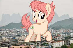 Size: 2048x1360 | Tagged: safe, anonymous editor, artist:cheezedoodle96, edit, raspberry vinaigrette, earth pony, pony, g4, background pony, china, female, giant pony, giant/macro earth pony, giantess, guilin, highrise ponies, irl, macro, mare, mega giant, photo, ponies in real life, solo