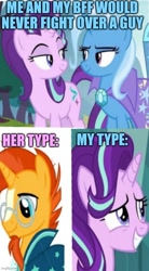 Size: 500x906 | Tagged: safe, starlight glimmer, sunburst, trixie, g4, best friends, fanon, grin, love, love triangle, meme, nervous, nervous smile, smiling