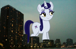 Size: 2048x1307 | Tagged: safe, anonymous editor, artist:hunterz263, edit, moonlight raven, pony, unicorn, g4, background pony, female, giant pony, giant unicorn, giantess, highrise ponies, irl, japan, macro, mare, mega giant, photo, ponies in real life, smiling, solo, tokyo