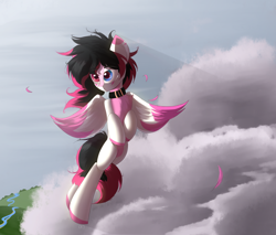 Size: 2000x1700 | Tagged: safe, artist:rainydark, oc, oc only, oc:lunylin, fly, insect, pegasus, pony, chest fluff, cloud, colored belly, colored hooves, colored wings, colored wingtips, cute, digital art, ear markings, facial markings, feather, female, flying, heterochromia, lineless, looking at each other, looking at someone, mare, pegasus oc, reverse countershading, sky, solo, tail, two toned mane, two toned tail, two toned wings, wings